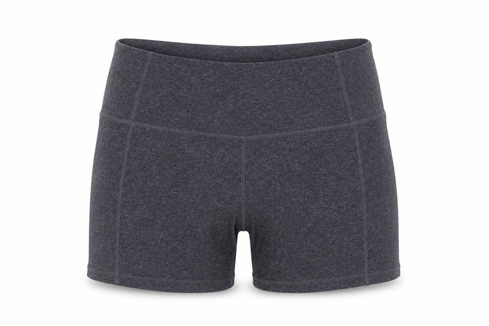 Front view of H&M women’s grey polyester compression shorts, size L, 3-inch leg regular pull on