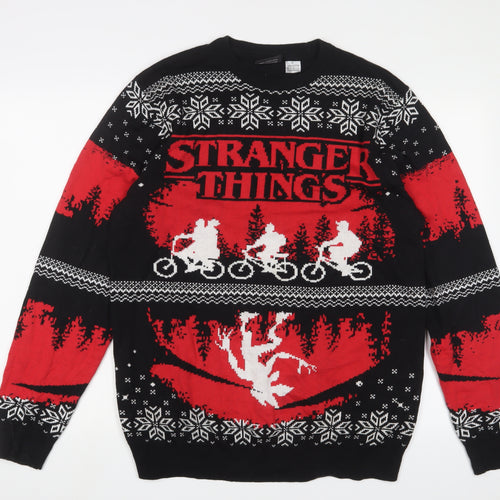 Stranger Things Mens Black Crew Neck Geometric Cotton Pullover Jumper Size XL Long Sleeve