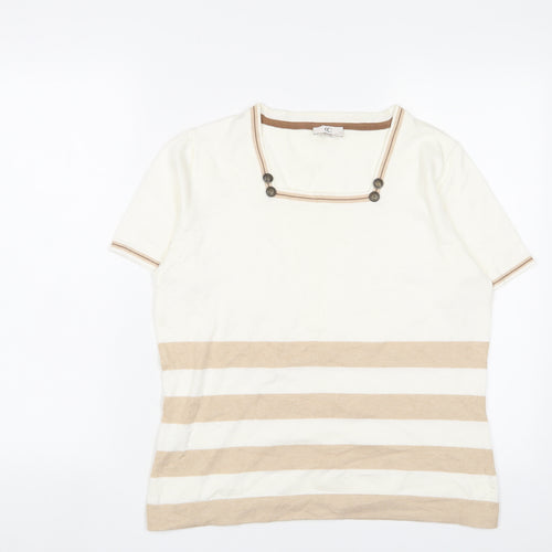Cc Womens Ivory Square Neck Striped Cotton Pullover Jumper Size M - Buttons