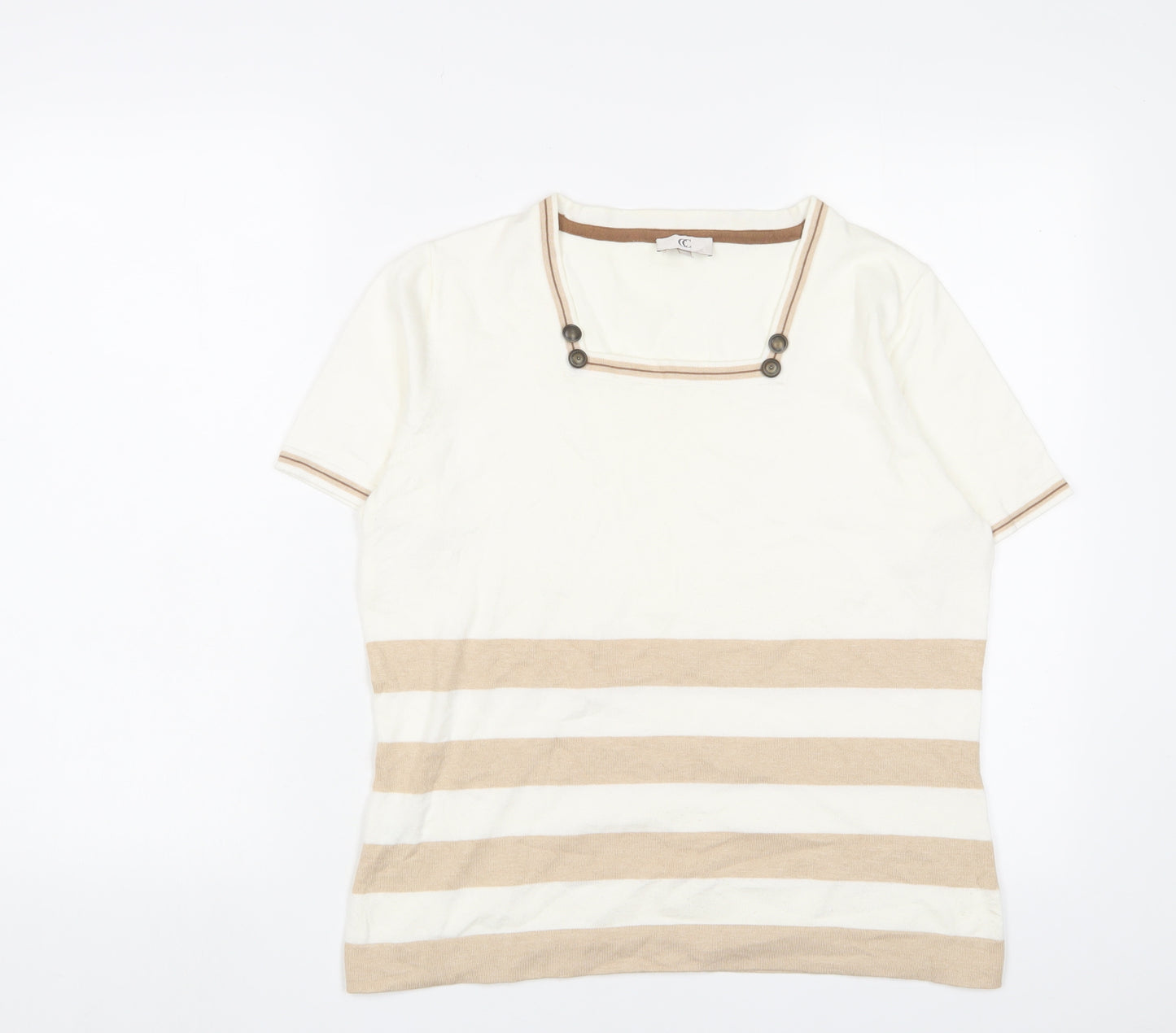 Cc Womens Ivory Square Neck Striped Cotton Pullover Jumper Size M - Buttons