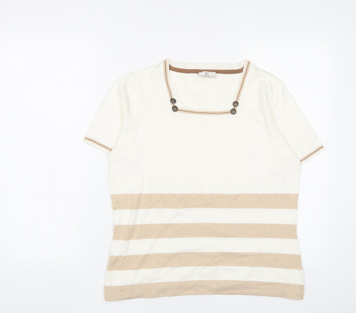 Cc Womens Ivory Square Neck Striped Cotton Pullover Jumper Size M - Buttons