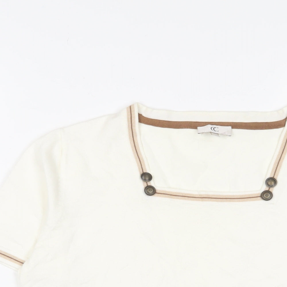 Cc Womens Ivory Square Neck Striped Cotton Pullover Jumper Size M - Buttons