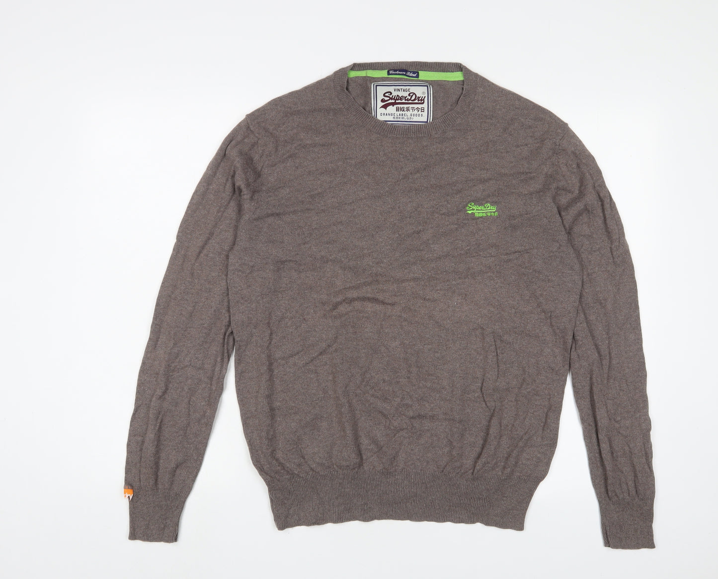 Superdry Mens Brown Crew Neck Cotton Pullover Jumper Size XL Long Sleeve - Logo, Embroidered