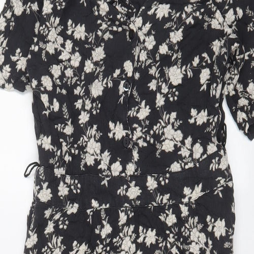 Fat Face Womens Black Floral Viscose A-Line Size 8 V-Neck Zip