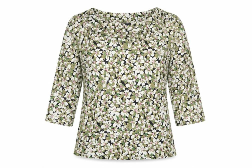 Carr & Westley Womens Green Floral Viscose Basic T-Shirt Size 10 Cowl Neck