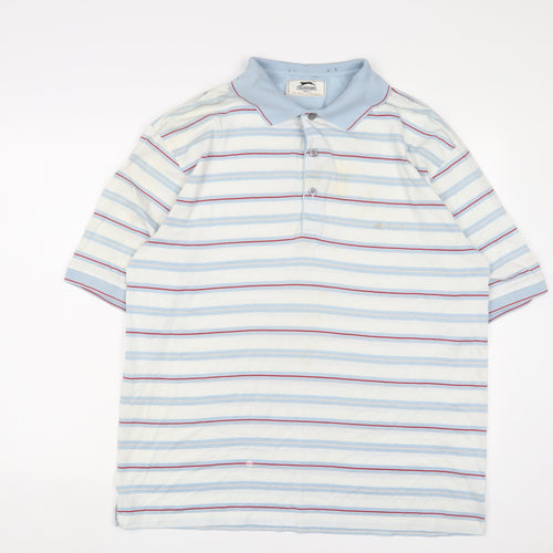 Slazenger Mens Blue Striped Cotton Basic Polo Size XL Collared Button - Golf