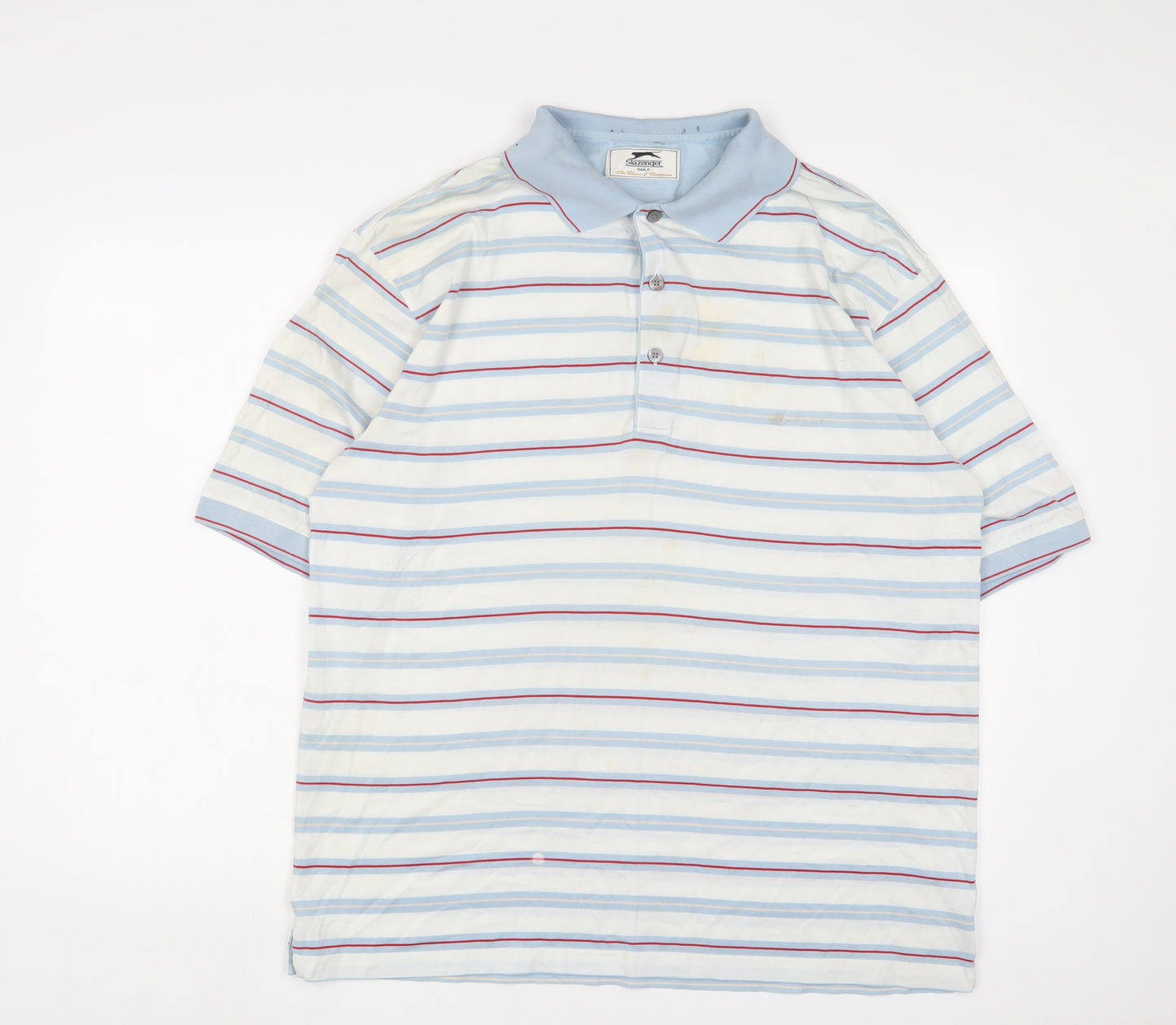 Slazenger Mens Blue Striped Cotton Basic Polo Size XL Collared Button - Golf