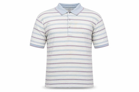 Front view of Slazenger men’s blue striped cotton basic polo, size XL, collared button - golf