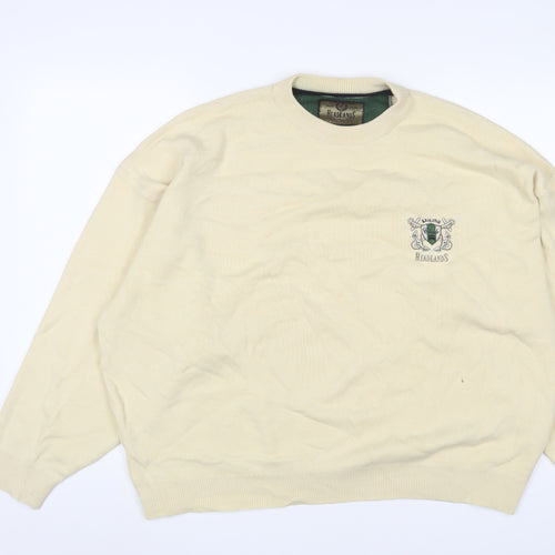 Headlands Mens Beige Crew Neck Wool Pullover Jumper Size 2XL Long Sleeve - Logo, Embroidered