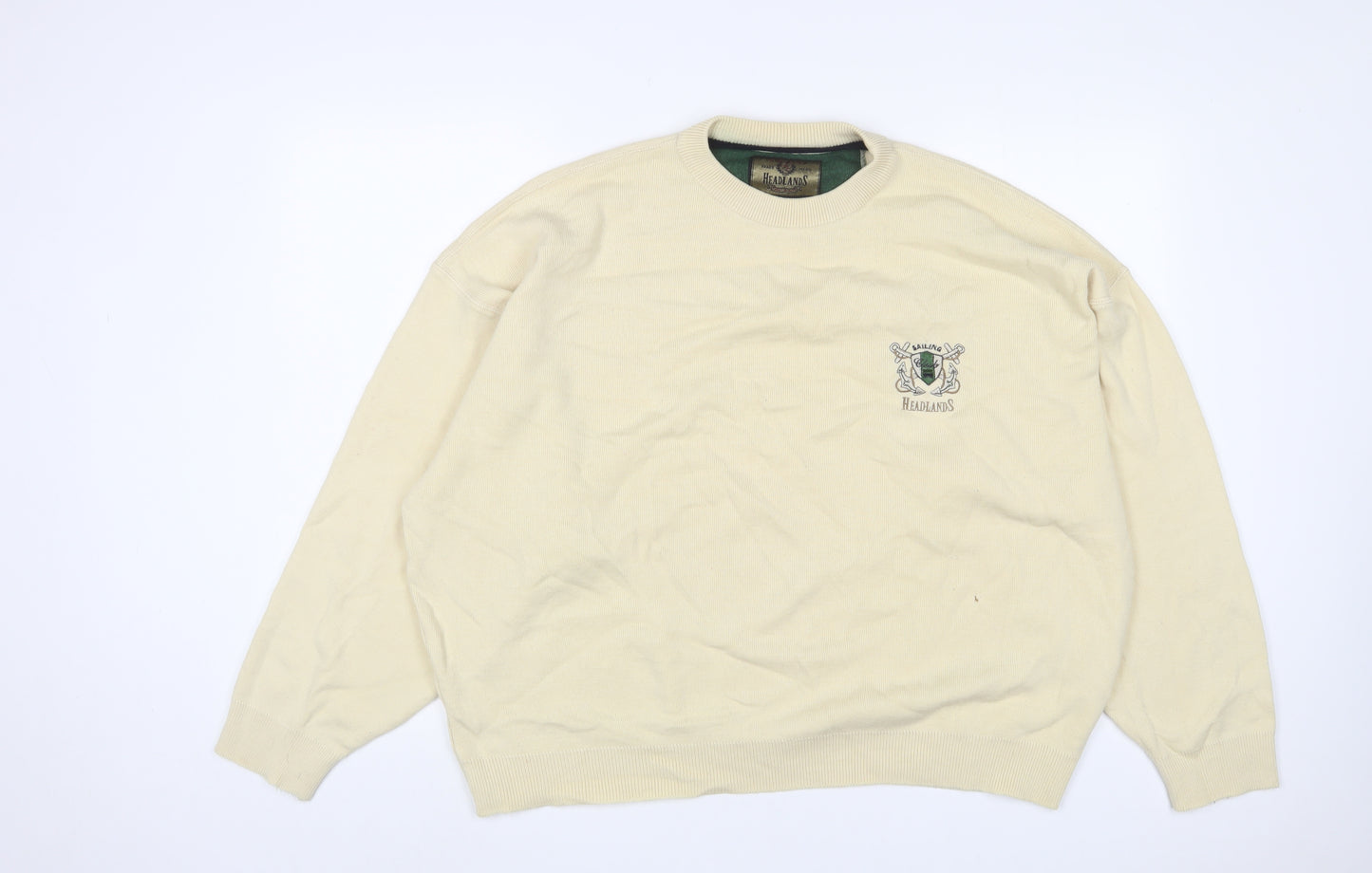 Headlands Mens Beige Crew Neck Wool Pullover Jumper Size 2XL Long Sleeve - Logo, Embroidered