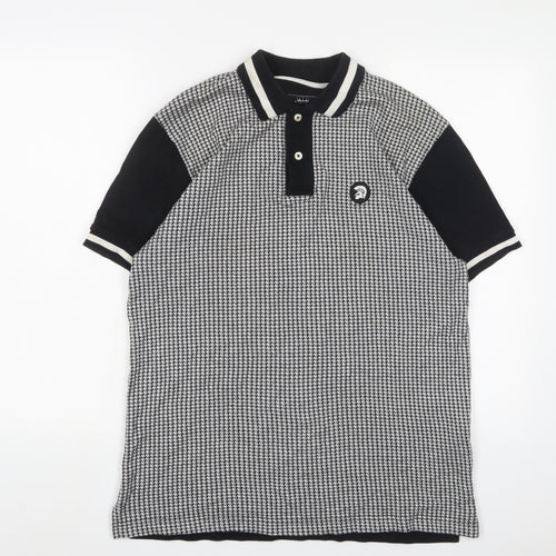 Trojan Mens Black Houndstooth Cotton Polo Size L Collared Button - Logo, Embroidered