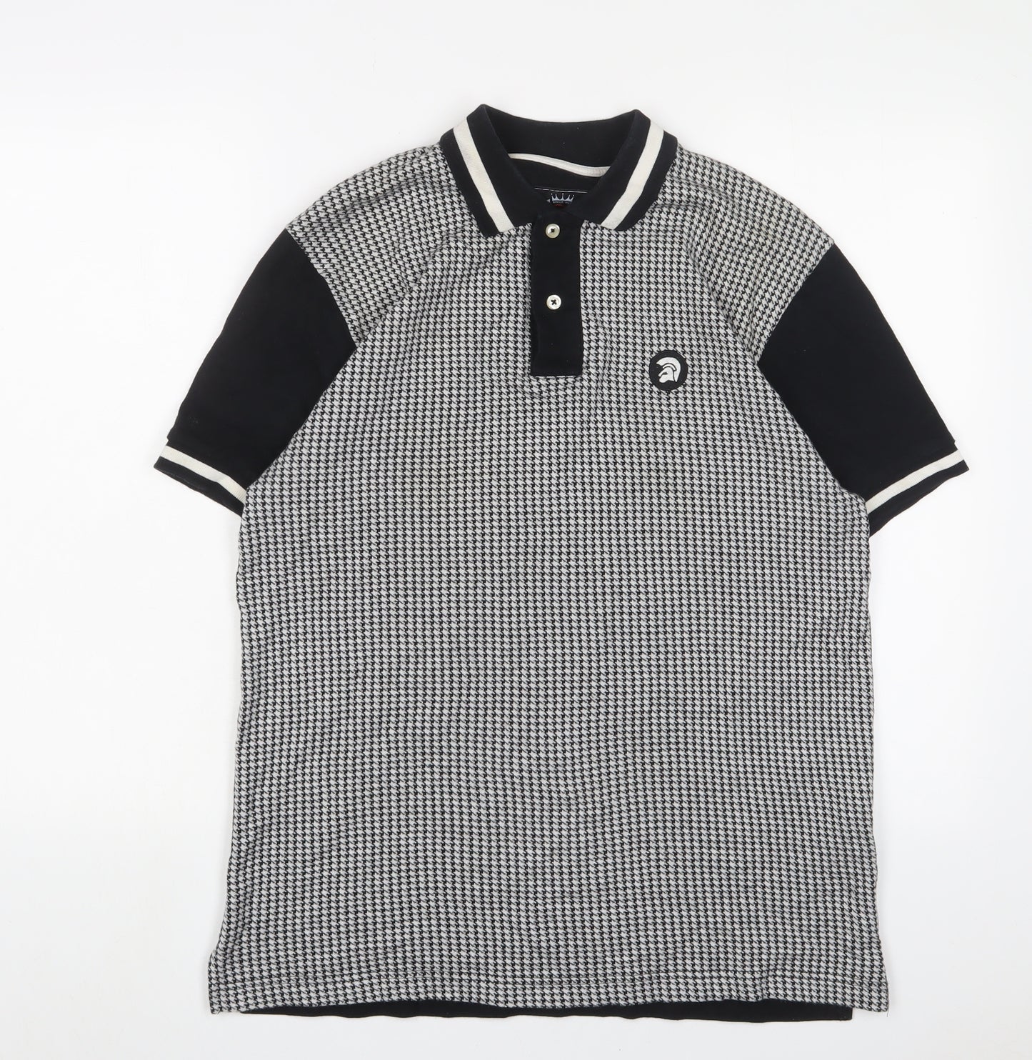 Trojan Mens Black Houndstooth Cotton Polo Size L Collared Button - Logo, Embroidered