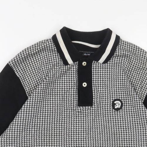 Trojan Mens Black Houndstooth Cotton Polo Size L Collared Button - Logo, Embroidered