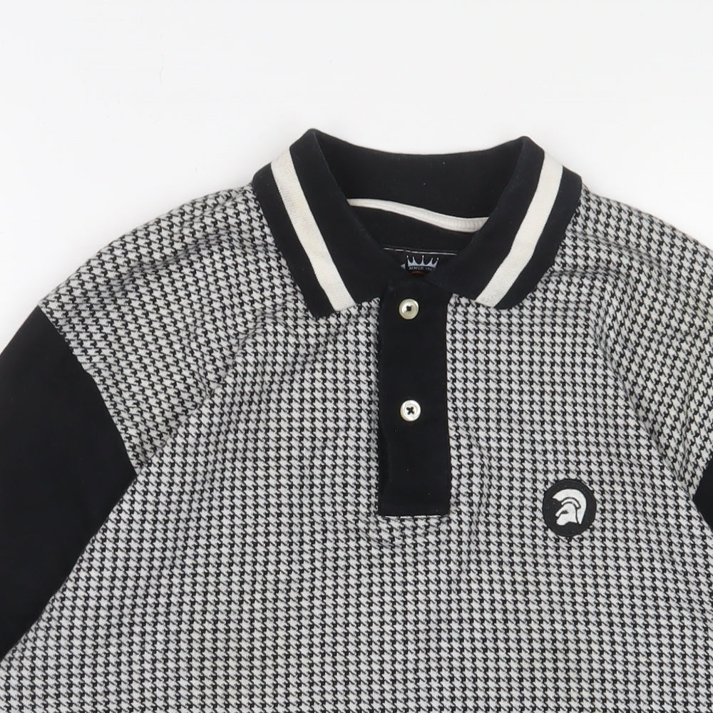 Trojan Mens Black Houndstooth Cotton Polo Size L Collared Button - Logo, Embroidered