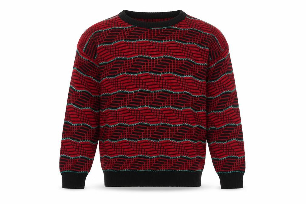 Front view of Solus men’s red crew neck acrylic jumper, size S, long sleeve
