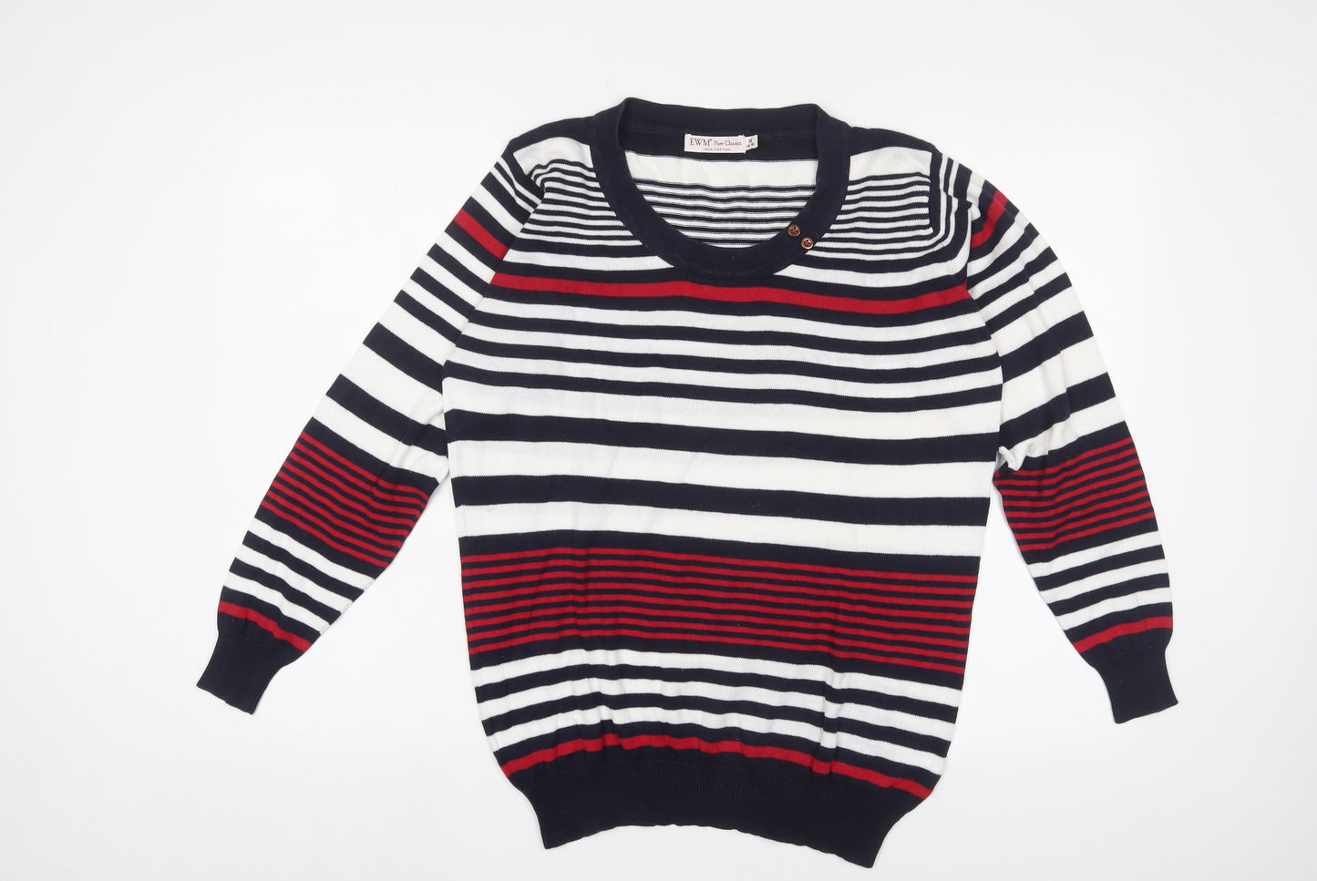 EWM Womens Multicoloured Scoop Neck Striped Cotton Pullover Jumper Size M - Buttons