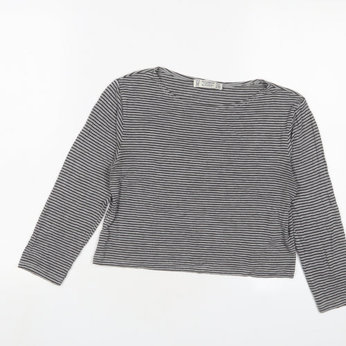 Pull&Bear Womens Grey Striped Viscose Basic T-Shirt Size M Crew Neck