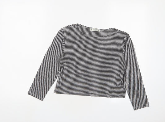 Pull&Bear Womens Grey Striped Viscose Basic T-Shirt Size M Crew Neck