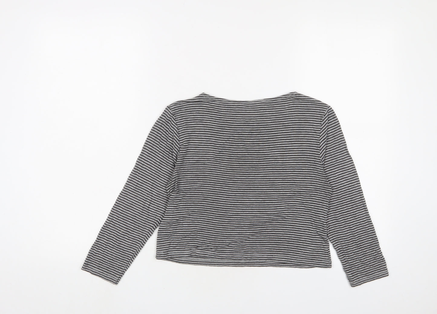 Pull&Bear Womens Grey Striped Viscose Basic T-Shirt Size M Crew Neck