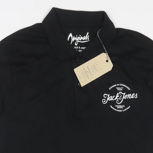 JACK & JONES Mens Black Cotton Polo Size L Collared Button - Logo