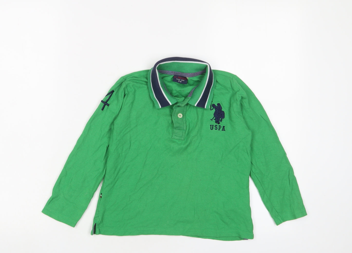 US Polo Assn. Boys Green Cotton Basic Polo Size 5-6 Years Collared Button - Logo, Embroidered