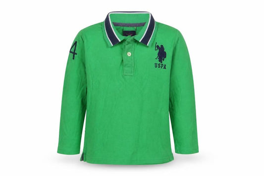 Front view of U.S. Polo Assn. boys’ green cotton basic polo, size 5-6, years collared button - logo, embroidered