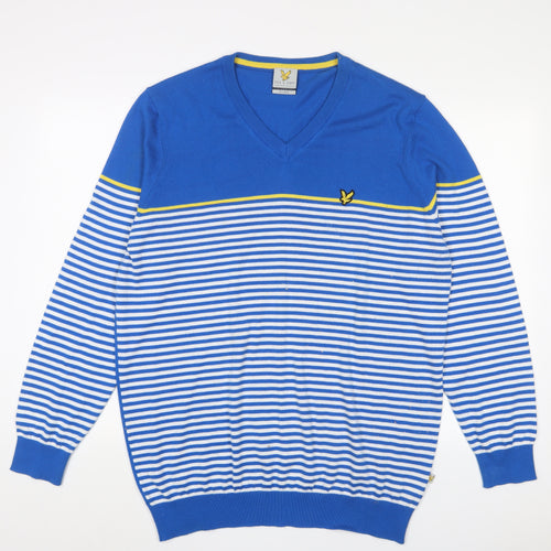 Lyle & Scott Mens Blue V-Neck Striped Polyester Pullover Jumper Size 2XL Long Sleeve - Logo, Embroidered