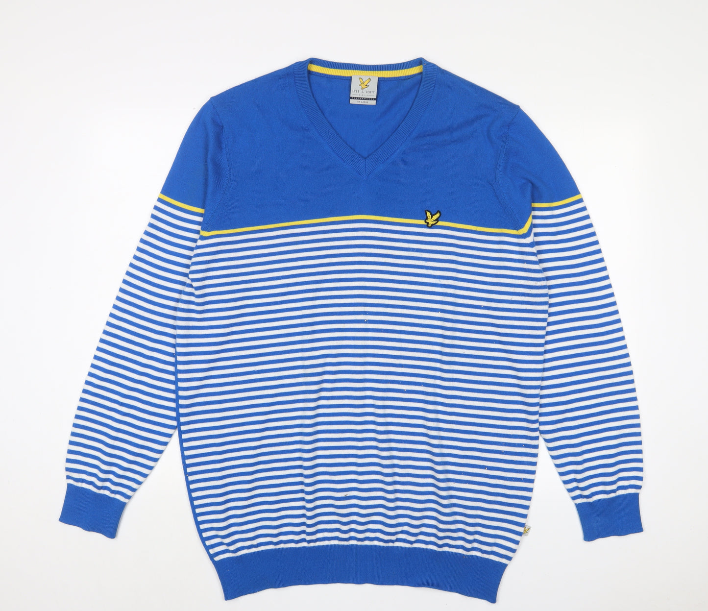 Lyle & Scott Mens Blue V-Neck Striped Polyester Pullover Jumper Size 2XL Long Sleeve - Logo, Embroidered