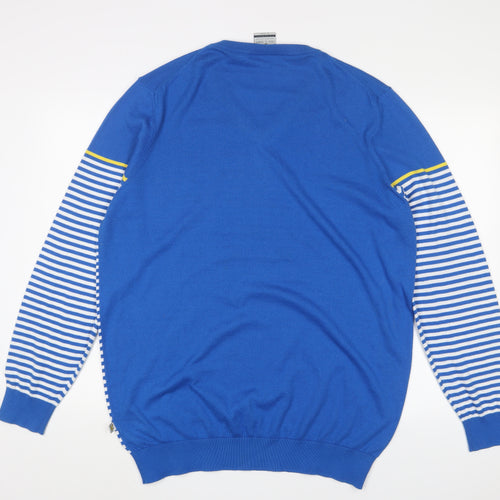 Lyle & Scott Mens Blue V-Neck Striped Polyester Pullover Jumper Size 2XL Long Sleeve - Logo, Embroidered