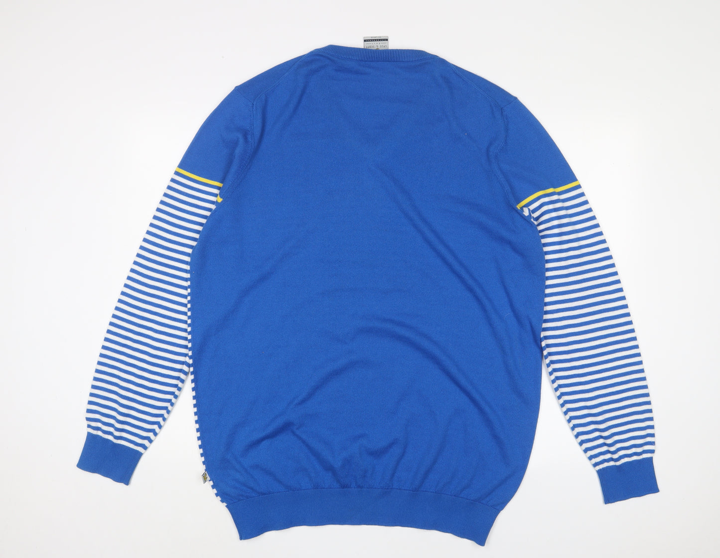 Lyle & Scott Mens Blue V-Neck Striped Polyester Pullover Jumper Size 2XL Long Sleeve - Logo, Embroidered