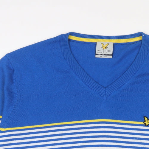 Lyle & Scott Mens Blue V-Neck Striped Polyester Pullover Jumper Size 2XL Long Sleeve - Logo, Embroidered