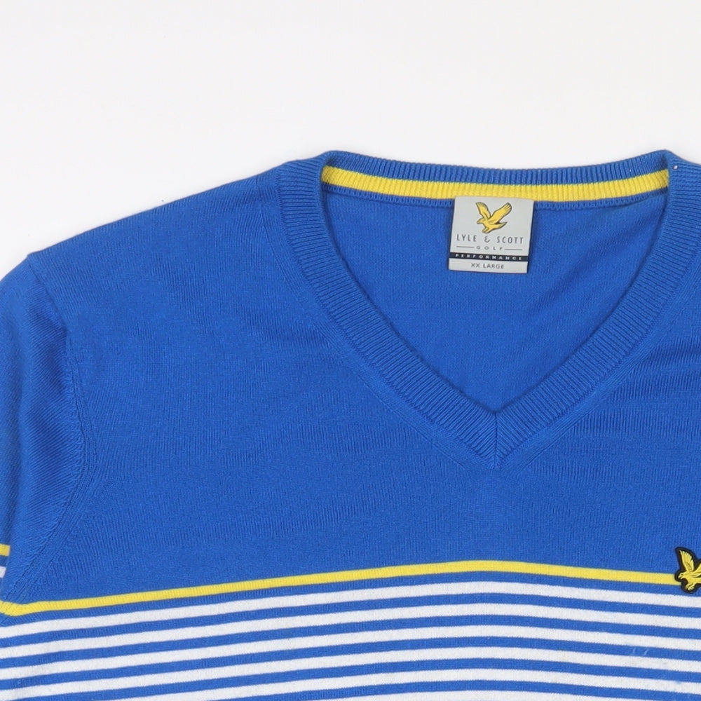 Lyle & Scott Mens Blue V-Neck Striped Polyester Pullover Jumper Size 2XL Long Sleeve - Logo, Embroidered
