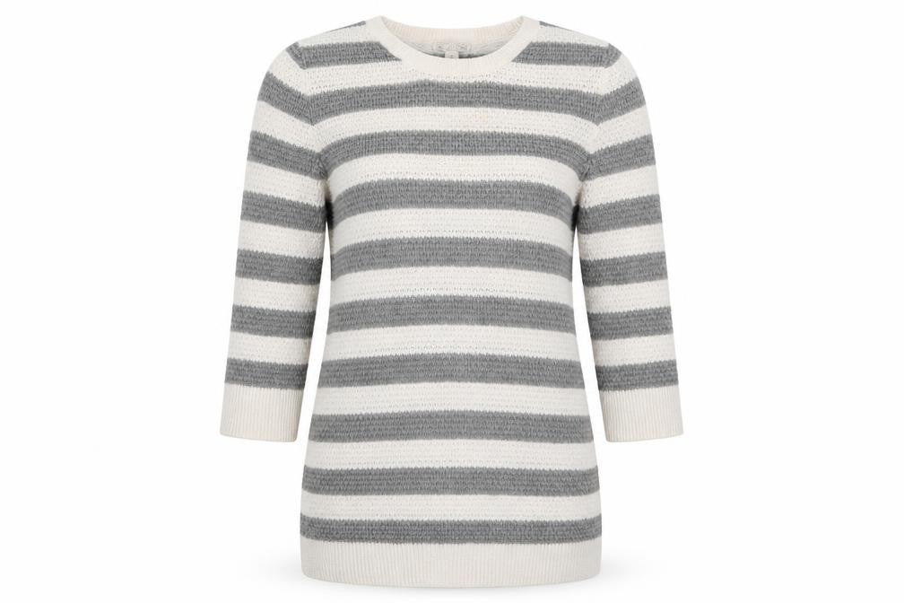 Front view of Gap women’s grey crew neck striped wool jumper, size S
