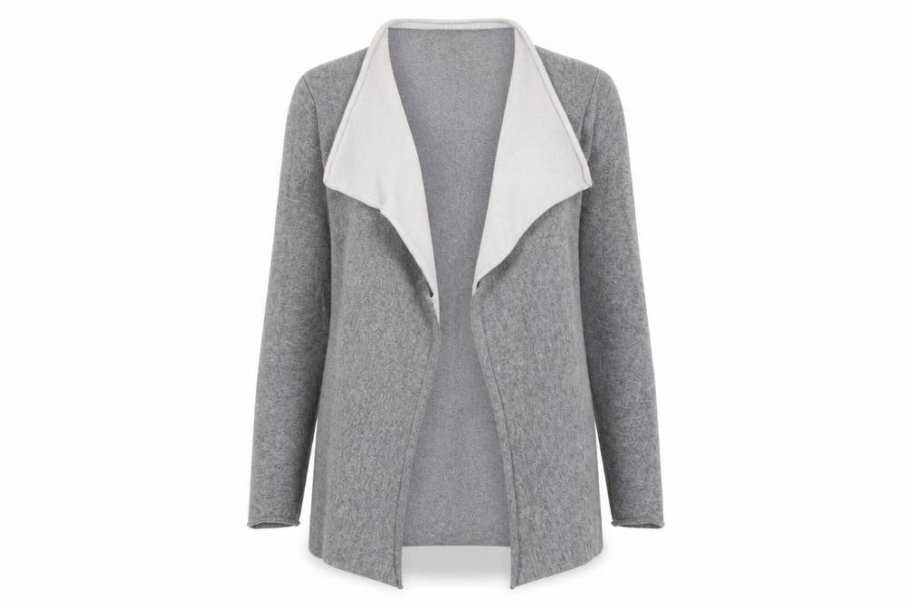 Front view of Benedetta B women’s grey v-neck wool cardigan jumper, size S, - open