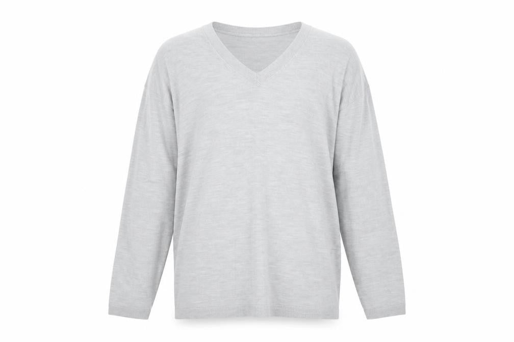 Front view of Marks & Spencer men’s grey v-neck wool jumper, size L, long sleeve