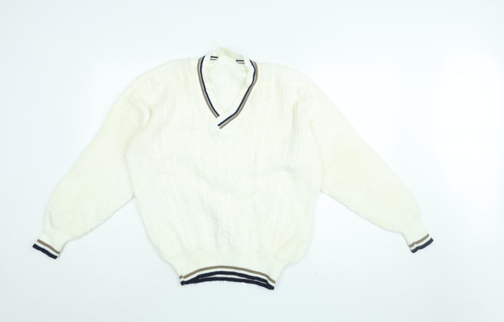 Dorothy Perkins Womens White V-Neck Acrylic Pullover Jumper Size M - Vintage