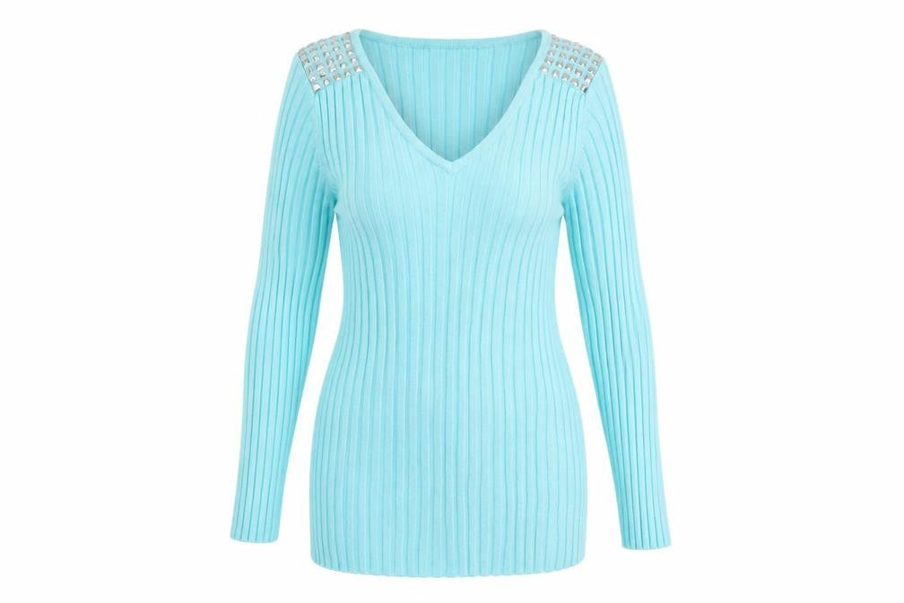 Front view of Sky Design women’s blue viscose basic t-shirt, size UK 14, v-neck