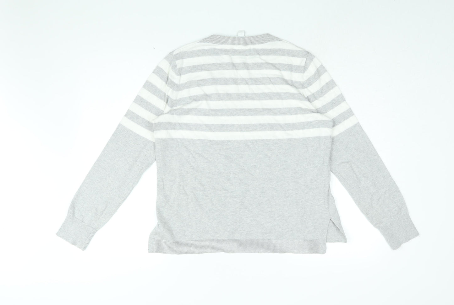 The White Company Womens Grey Round Neck Striped Cotton Pullover Jumper Size 10