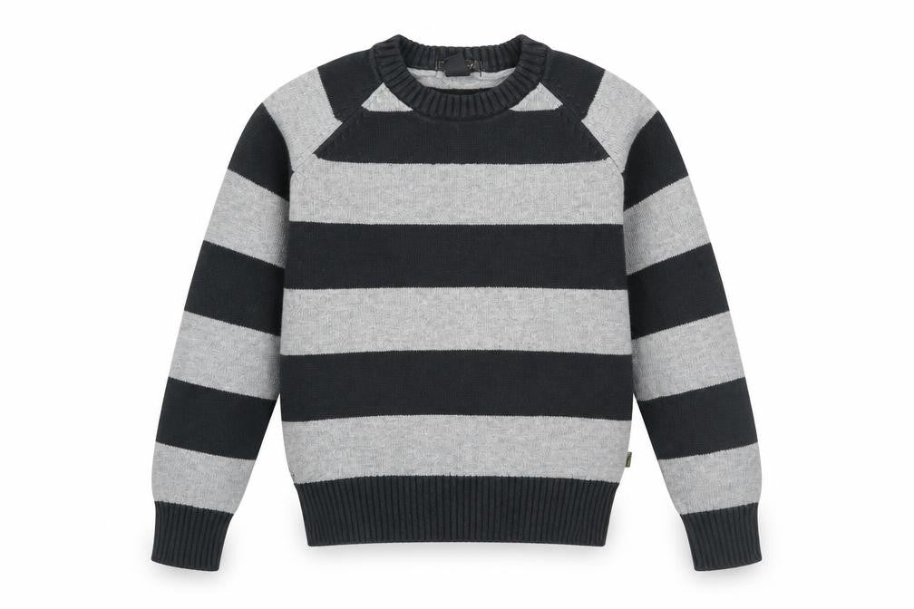 Front view of H&M boys’ grey round neck striped cotton jumper, size 9-10, years pullover