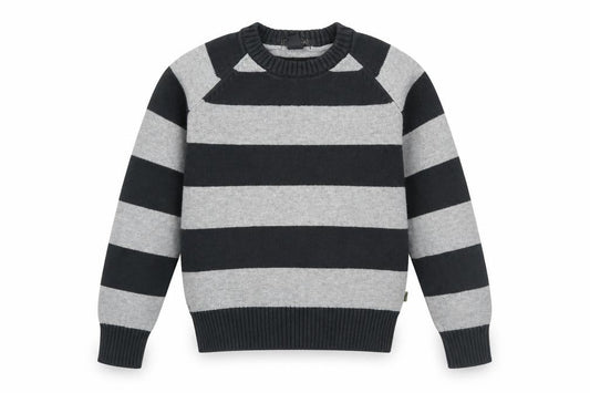 Front view of H&M boys’ grey round neck striped cotton jumper, size 9-10, years pullover
