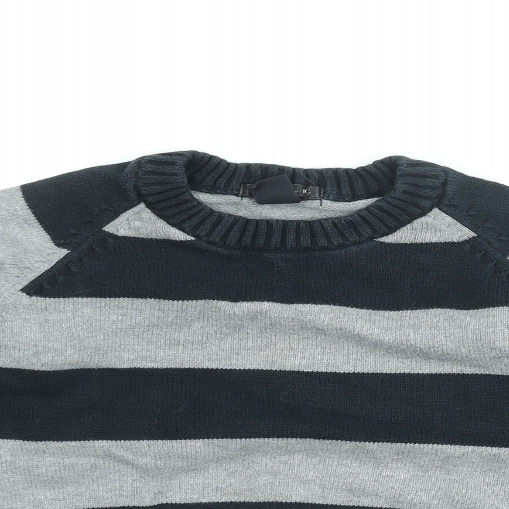 H&M Boys Grey Round Neck Striped Cotton Pullover Jumper Size 9-10 Years Pullover