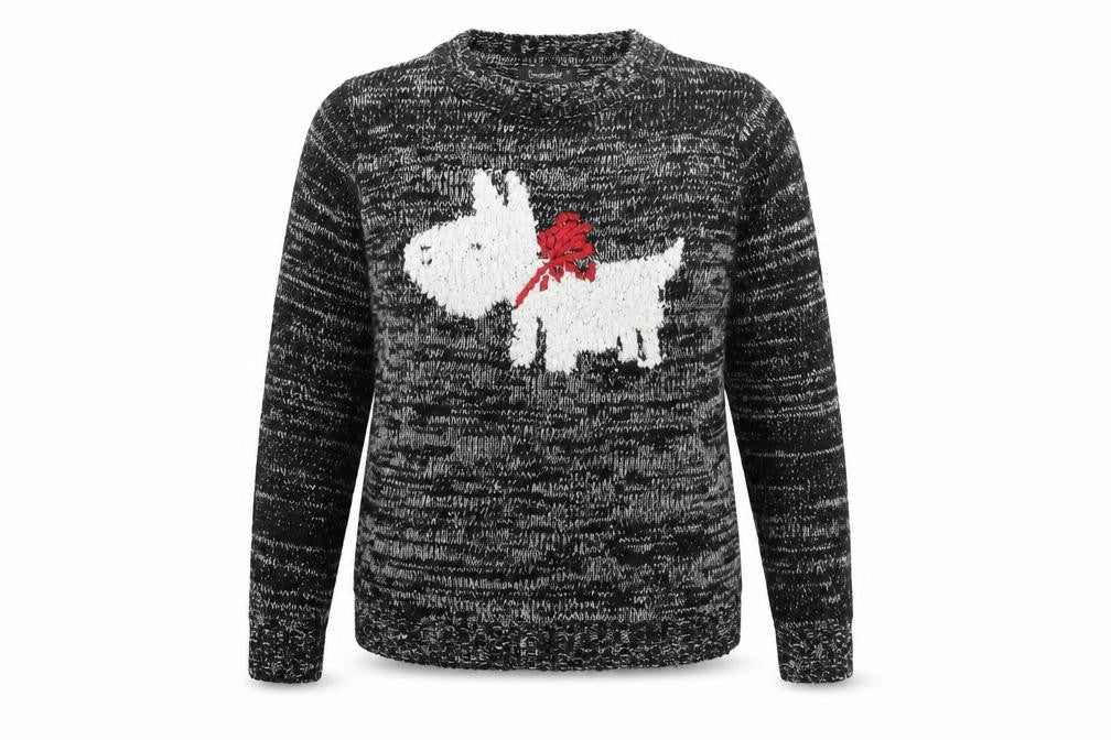 Front view of Bonmarché women’s black round neck acrylic jumper, size S, - dog print