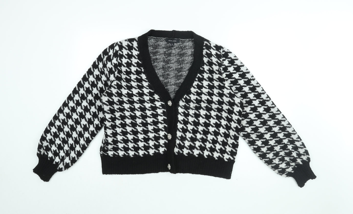 New Look Womens Black V-Neck Geometric Acrylic Cardigan Jumper Size M - Houndstooth