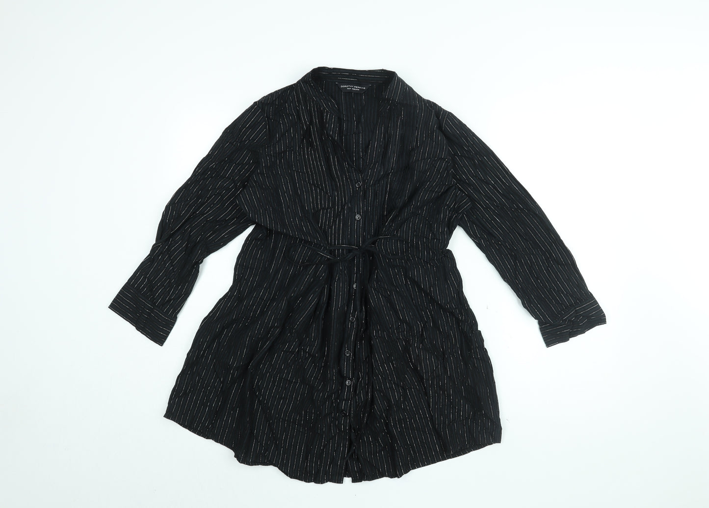 Dorothy Perkins Womens Black Striped Cotton Basic Button-Up Size 14 V-Neck