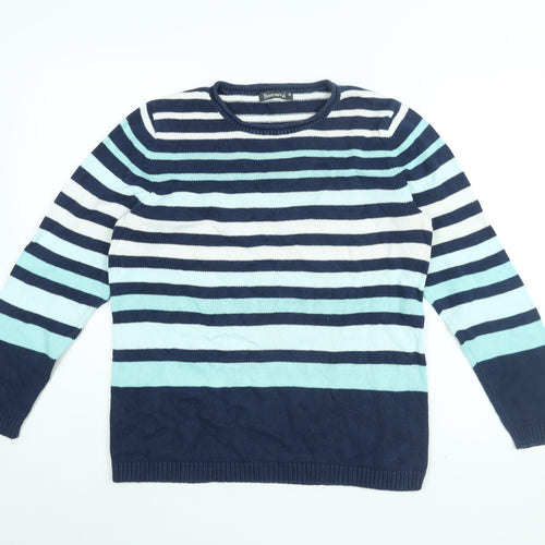Bonmarché Womens Blue Round Neck Striped Cotton Pullover Jumper Size M