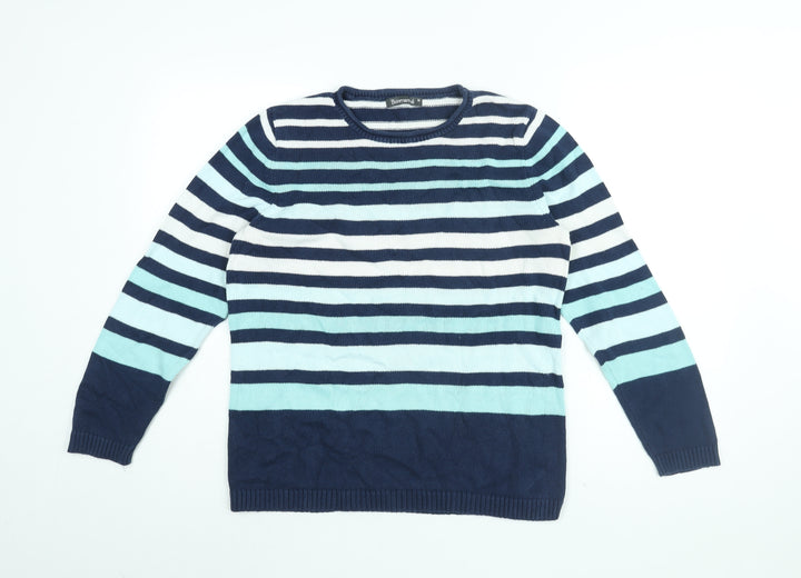 Bonmarché Womens Blue Round Neck Striped Cotton Pullover Jumper Size M