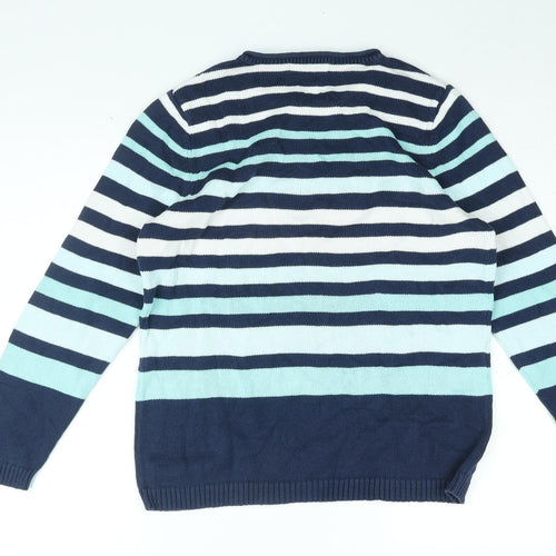Bonmarché Womens Blue Round Neck Striped Cotton Pullover Jumper Size M