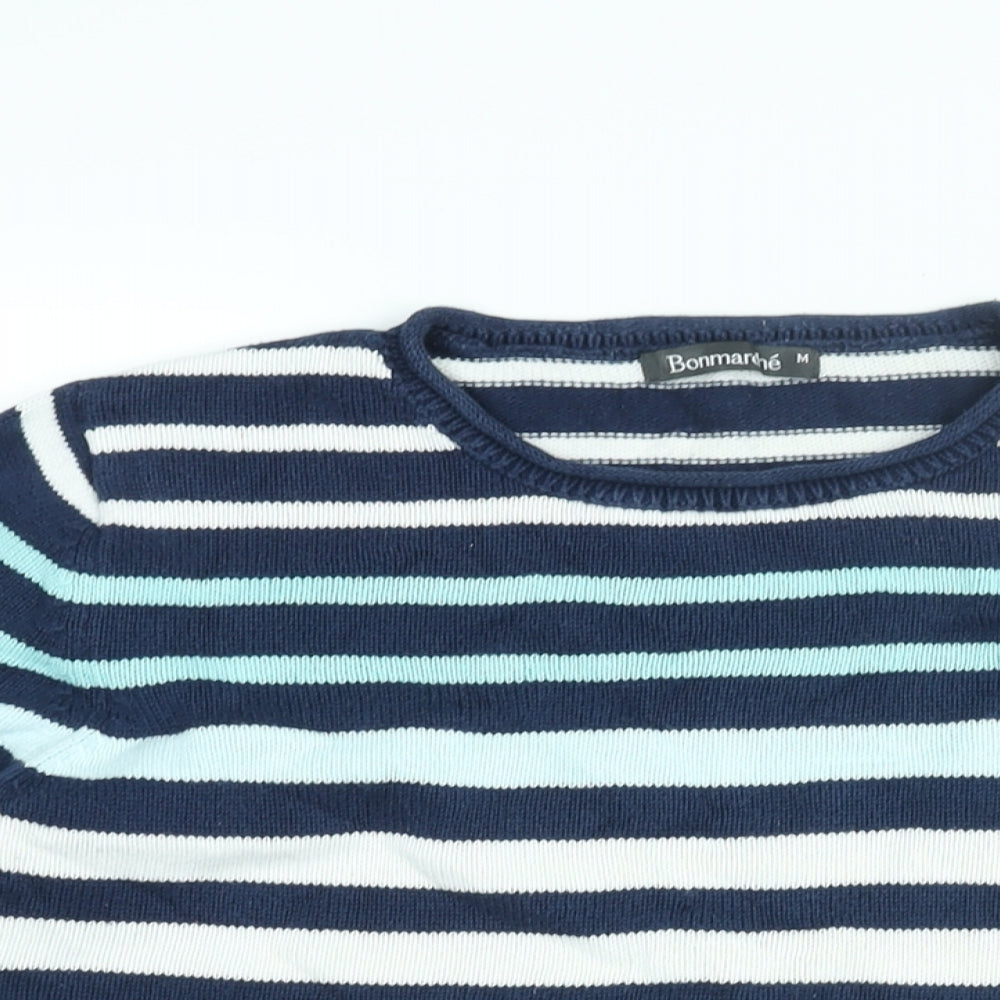 Bonmarché Womens Blue Round Neck Striped Cotton Pullover Jumper Size M