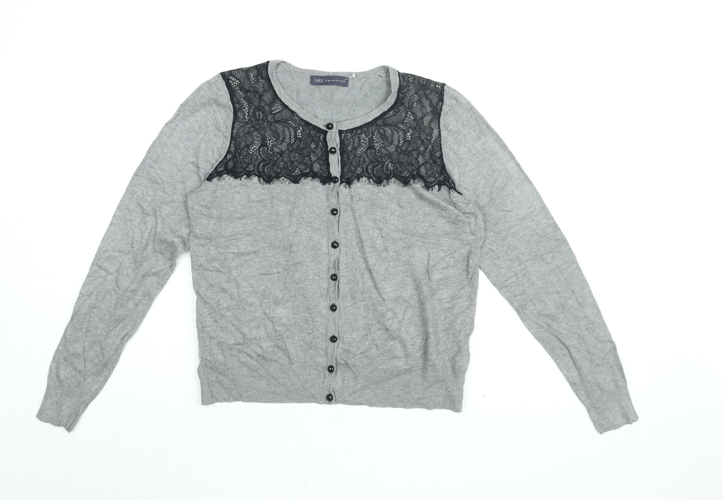 Marks and Spencer Womens Grey Round Neck Viscose Cardigan Jumper Size 14 - Lace Detail