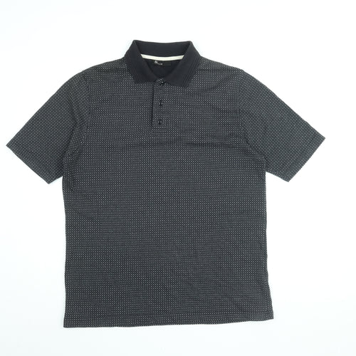 BHS Mens Black Geometric Polyester Polo Size M Collared Button